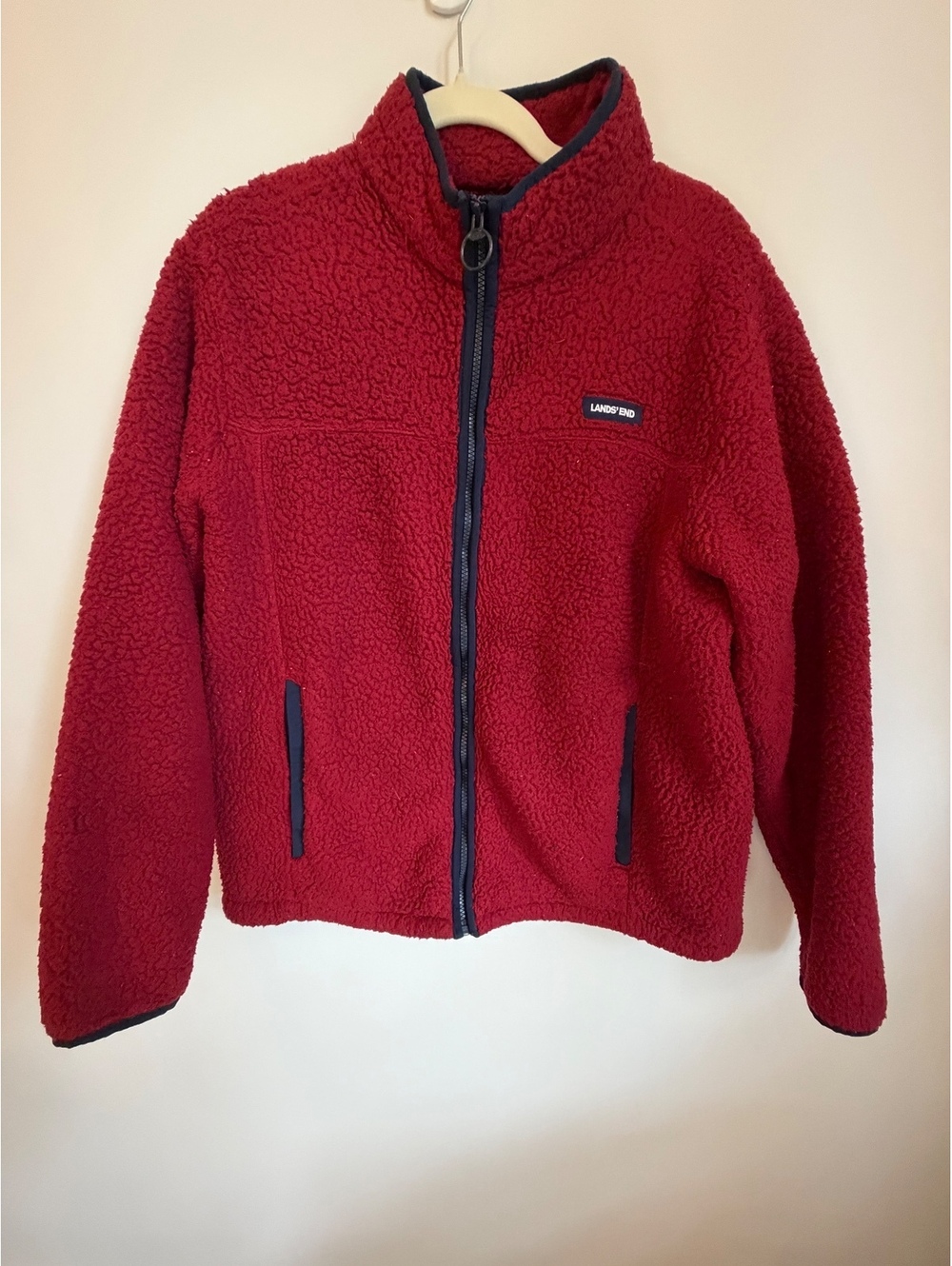 Lands’ End Red Sherpa Fleece Jacket Size M Full Zip Cozy Warm Pockets